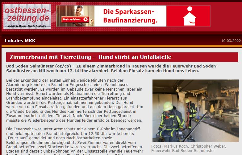 Osthessen Zeitung Zimmerbrand mit Tierrettung 2022 001