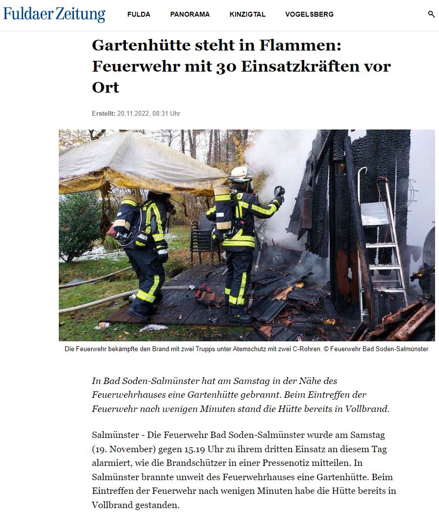 2022 11 20 Fuldaer Zeitung Brand Gartenhuette 1